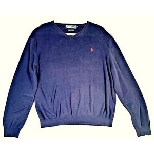 Polo Ralph Lauren Men XL Navy Blue 100% Pima Cotton V-Neck Sweater Red Pony Logo